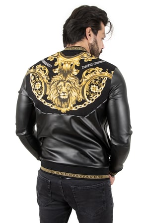 RizzUP Erkek Siyah Dar Kesim Sırtı Aslan Baskılı Taş İşlemeli Suni Deri Ceket / Mont 2200354