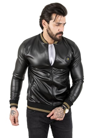 RizzUP Erkek Siyah Dar Kesim Sırtı Aslan Baskılı Taş İşlemeli Suni Deri Ceket / Mont 2200354
