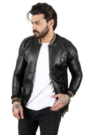 RizzUP Erkek Siyah Dar Kesim Sırtı Aslan Baskılı Taş İşlemeli Suni Deri Ceket / Mont 2200354