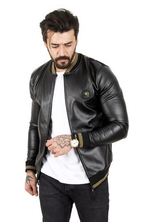 RizzUP Erkek Siyah Dar Kesim Sırtı Aslan Baskılı Taş İşlemeli Suni Deri Ceket / Mont 2200354