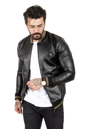 RizzUP Erkek Siyah Dar Kesim Sırtı Aslan Baskılı Taş İşlemeli Suni Deri Ceket / Mont 2200354
