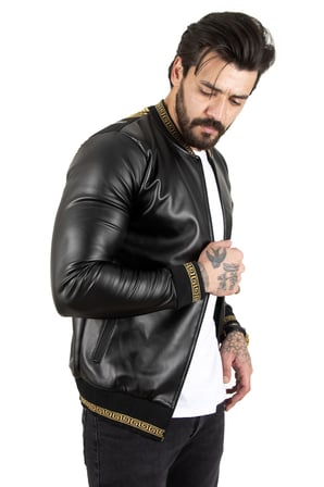 RizzUP Erkek Siyah Dar Kesim Sırtı Aslan Baskılı Taş İşlemeli Suni Deri Ceket / Mont 2200354