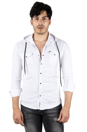 RizzUP Beyaz Kapüşonlu Likralı Kot Gömlek – Slim Fit Çıt Çıt Kapamalı Erkek Gömlek 2300396