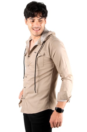 RizzUP Bej Kapüşonlu Likralı Kot Gömlek – Slim Fit Çıt Çıt Kapamalı Erkek Gömlek 2300396