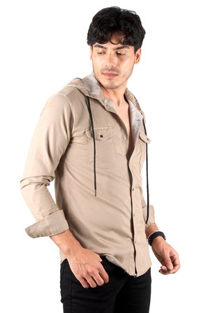 RizzUP Bej Kapüşonlu Likralı Kot Gömlek – Slim Fit Çıt Çıt Kapamalı Erkek Gömlek 2300396