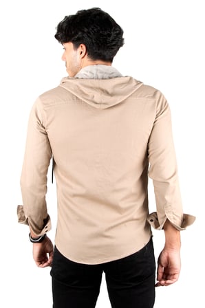 RizzUP Bej Kapüşonlu Likralı Kot Gömlek – Slim Fit Çıt Çıt Kapamalı Erkek Gömlek 2300396
