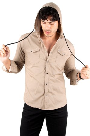 RizzUP Bej Kapüşonlu Likralı Kot Gömlek – Slim Fit Çıt Çıt Kapamalı Erkek Gömlek 2300396