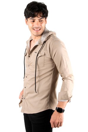 RizzUP Bej Kapüşonlu Likralı Kot Gömlek – Slim Fit Çıt Çıt Kapamalı Erkek Gömlek 2300396