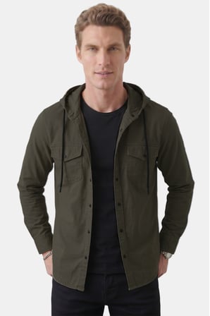 RizzUP Haki Kapüşonlu Likralı Kot Gömlek – Slim Fit Çıt Çıt Kapamalı Erkek Gömlek 2300396