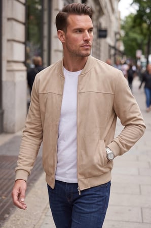 RizzUP Erkek Slim Fit Likralı Bej Süet Ceket – Kırışmayan Ütü Gerektirmeyen Mevsimlik Mont 2504334
