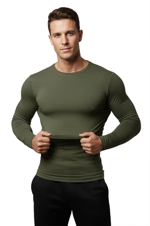 RizzUP Haki Dar Kalıp Likralı %90 Pamuk Erkek Sweatshirt – Vücuda Oturan İnce Penye Sweat 2300423