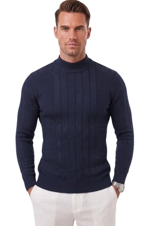 RizzUP Erkek Slim Fit Tüylenmeyen Çizgi Dokulu Yarım Balıkçı Yaka Lacivert Triko Kazak 2505491
