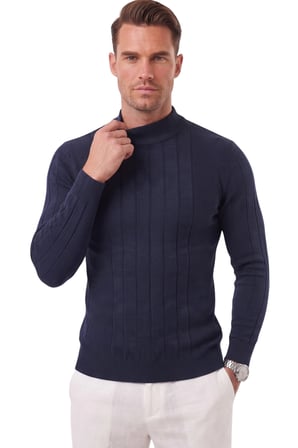 RizzUP Erkek Slim Fit Tüylenmeyen Çizgi Dokulu Yarım Balıkçı Yaka Lacivert Triko Kazak 2505491