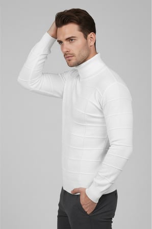 RizzUP Erkek Beyaz Kare Desenli Balıkçı Yaka Slim Fit Boğazlı Triko Kazak 2505493