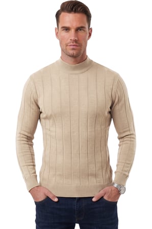 RizzUP Erkek Slim Fit Yarım Balıkçı Yaka Çizgi Dokulu Bej Triko Kazak 2505503
