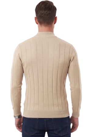 RizzUP Erkek Slim Fit Yarım Balıkçı Yaka Çizgi Dokulu Bej Triko Kazak 2505503