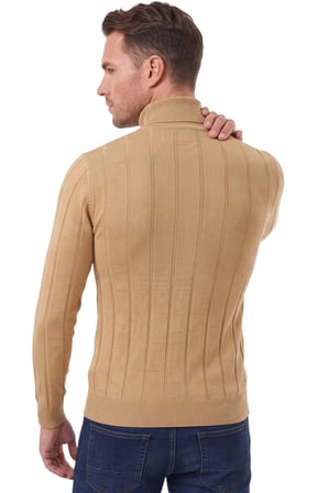 RizzUP Erkek Slim Fit Tam Balıkçı Yaka Çizgi Dokulu Camel Triko Kazak 2505504