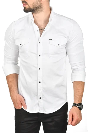 RizzUP Erkek Beyaz Slim Fit Likralı Gabardin Gömlek – Büyük Beden Seçenekli Spor Gömlek 2502503