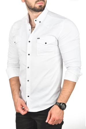 RizzUP Erkek Beyaz Slim Fit Likralı Gabardin Gömlek – Büyük Beden Seçenekli Spor Gömlek 2502503