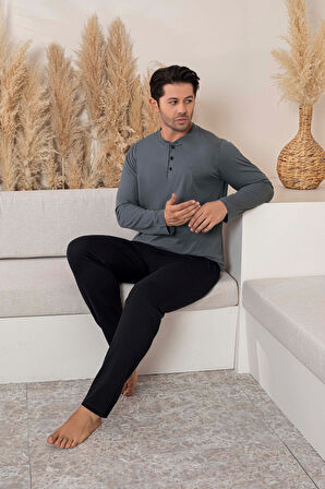 Erkek 3 Düğmeli %100 Pamuk Mevsimlik Uzun Kol Cepli Pijama Takımı