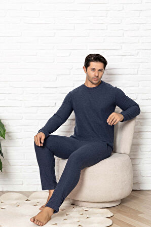 Erkek Bisiklet Yaka Düğmesiz Kışlık Waffle Pamuklu Kumaş Uzun Manşetli Kol Cepli Pijama Takımı 