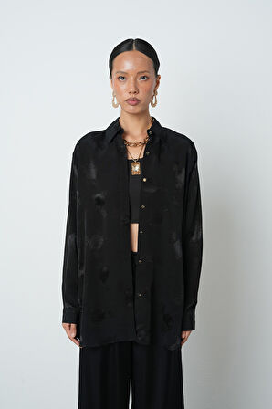 Kadın Siyah Renk Lale Desenli Oversize Kesim Gömlek