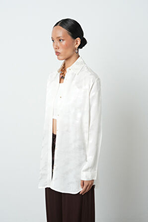 Kadın Ekru Renk Desenli Oversize Kesim Tesettür Gömlek