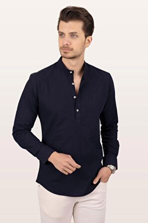 Lacivert Hakim Yaka Üç Düğmeli Slimfit Keten Gömlek