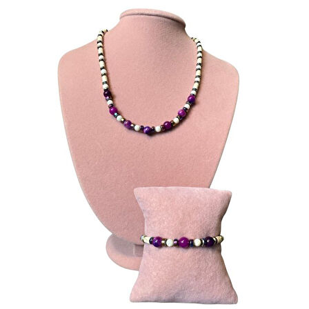 Uretti - Özlem 9422 2029 El Yapımı Sedef - Hematit - Mor Akik Doğal Taş Kolye ve Bileklik Set