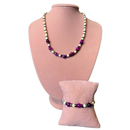 Uretti - Özlem 9422 2029 El Yapımı Sedef - Hematit - Mor Akik Doğal Taş Kolye ve Bileklik Set