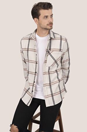 Kemik Beyaz Siyah Çizgili Oversize Kalın Oduncu Gömlek