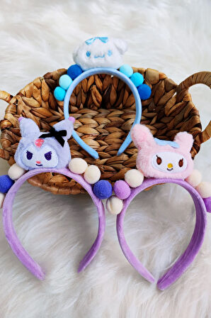 Peluş Ponpon Detaylı Hello Kity-Kuromi -Melody-Cinnamoroll Taç
