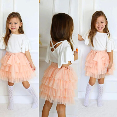 Yavruağzı Tütü Etek, Beyaz Tişört İkili Takım