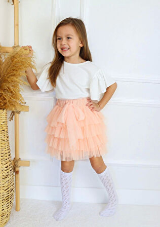 Yavruağzı Tütü Etek, Beyaz Tişört İkili Takım