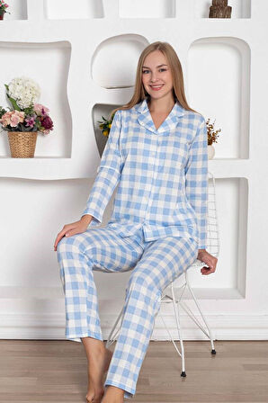 Kadın Ekose Desen Gömlek Yaka Önden Düğmeli %100 Pamuk Penye Mevsimlik Uzun Kol Cepli Pijama Takımı