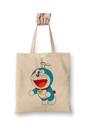 Doraemon 01 Beyaz Bez Çanta Uzun Saplı Alışveriş Çantası Plaj Çantası