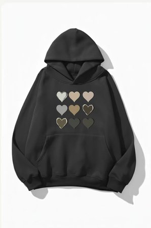 Unisex Yumuşak Dokulu 9'lu Kalp Baskılı Tasarım Oversize 3 İplik Hoodie Sweatshirt