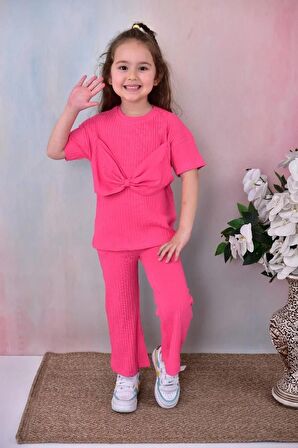 Kız Çocuk Fiyonk Detaylı Düz Renk Alt Üst Takım