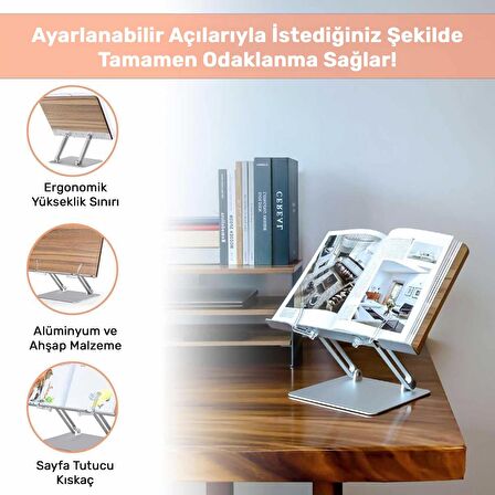 NPO STD002 Okuma Açısı Ayarlı,Kıskkaçlı Alüminyum&Ahşap Kitap/Tablet/Notebook Standı Modern Rahle