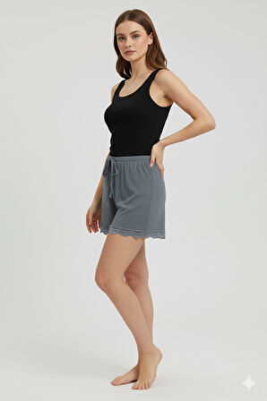 Bambu Fitilli Kadın Ev Şortu Bacak Dantel Detaylı Ev Giyim Gri