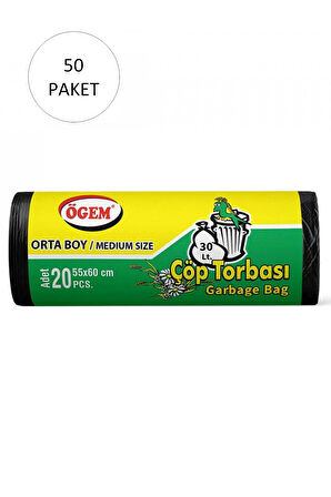 Orta Boy Çöp Torbası 55 x 60 cm 20 Li Rulo x 50 Paket = 1.000 Adet (Siyah)