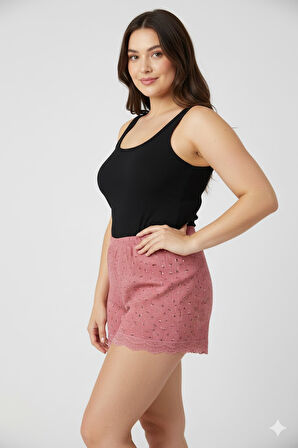 Düz Renk Mini Çiçek Desenli Penye Kadın Ev Şortu Bacak Dantel Detaylı Ev Giyim Pembe