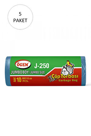 J-250 Jumbo Boy Çöp Torbası 80 x 110 cm 10 Lu Rulo x 5 Paket = 50 Adet (Mavi)