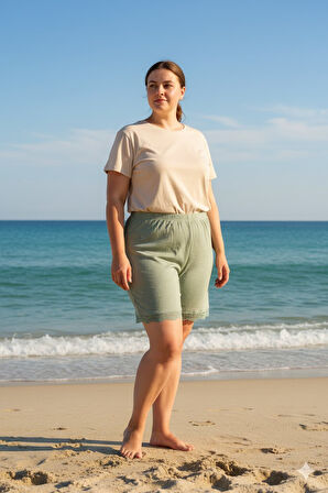 Bambu Fitilli Kadın Ev Şortu Bacak Dantel Detaylı Ev Giyim Yeşil