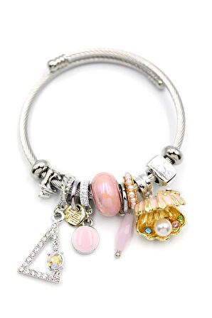 Çelik Charmlı İncili Deniz Kabuğu Bilezik - Pembe