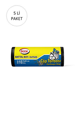 Battal Boy Çöp Torbası 75 x 90 cm 10 Lu Rulo x 5 Paket = 50 Adet (Siyah)