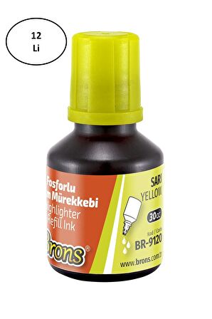 Brons Sarı Fosforlu Kalem Mürekkebi 30 ml Sarı 12'li