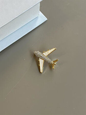 Sedefli Uçak Broş - Altın