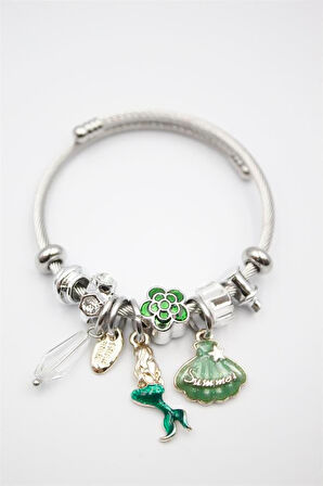 Çelik Charmlı Deniz Kızı Bileklik - Yeşil