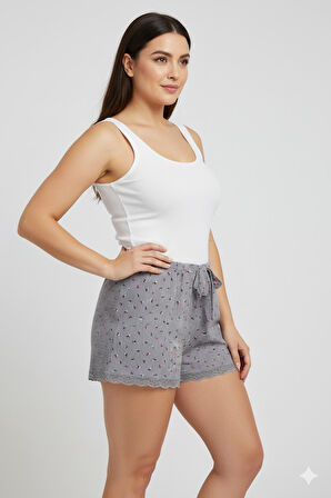 Düz Renk Mini Çiçek Desenli Penye Kadın Ev Şortu Bacak Dantel Detaylı Ev Giyim Gri